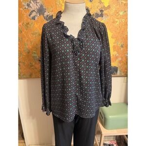 Pleione Long Sleeved Ruffled V-Neck Blouse With Geometric Pattern Size L